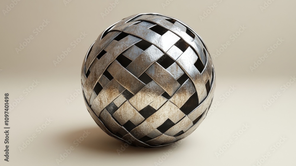 Poster metallic angular ball model with sharp edges and reflective surfaces, showcasing a modern geometric 
