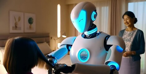 A sleek, white robot assists in hair grooming for a child, with a parent overseeing, highlighting the integration of AI in everyday family life
