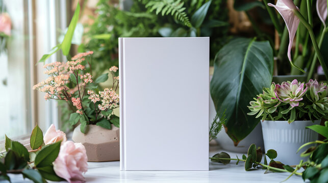 Mockup background for white book in room of soft lighting, flowers, greenery. Contemporary sophisticated look to showcase writer author product. Great for author launch, marketing, promotion, event. 