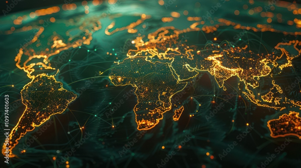 Poster a digital representation of a world map with glowing connections, symbolizing global networks.