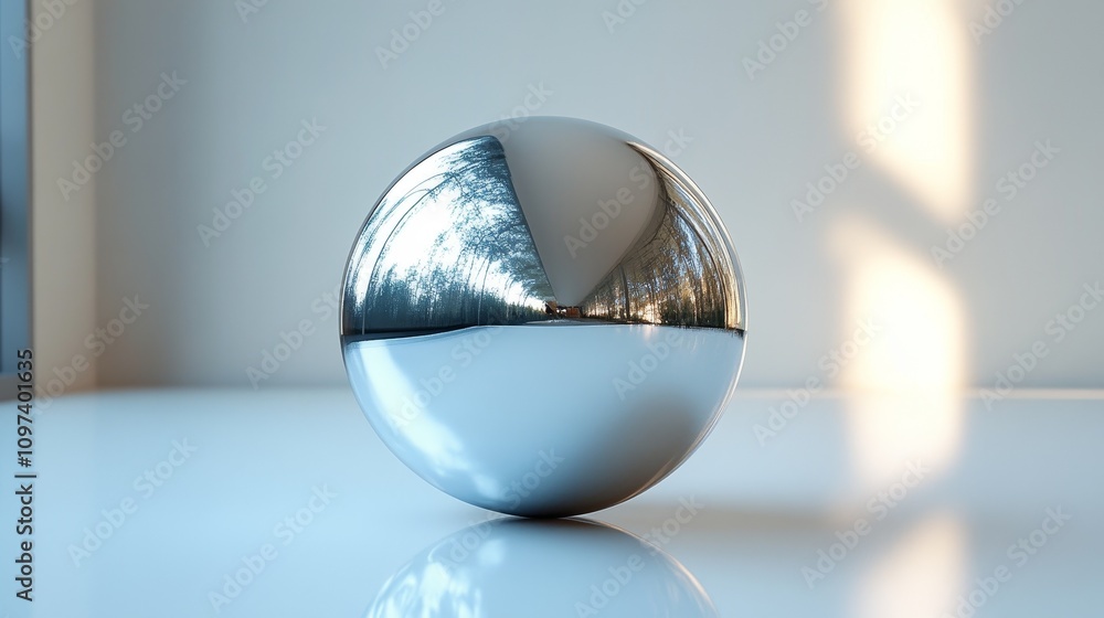 Poster metallic angular ball model with sharp edges and reflective surfaces, showcasing a modern geometric 