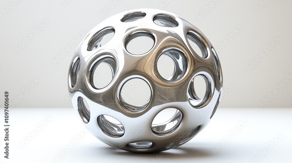 Poster metallic angular ball model with sharp edges and reflective surfaces, showcasing a modern geometric 