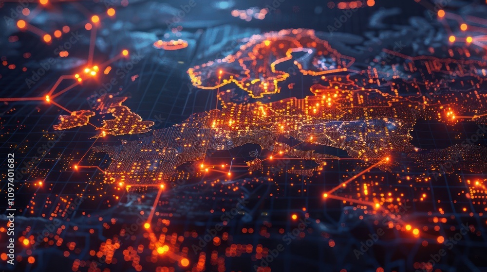 Poster a digital representation of europe with illuminated network connections.