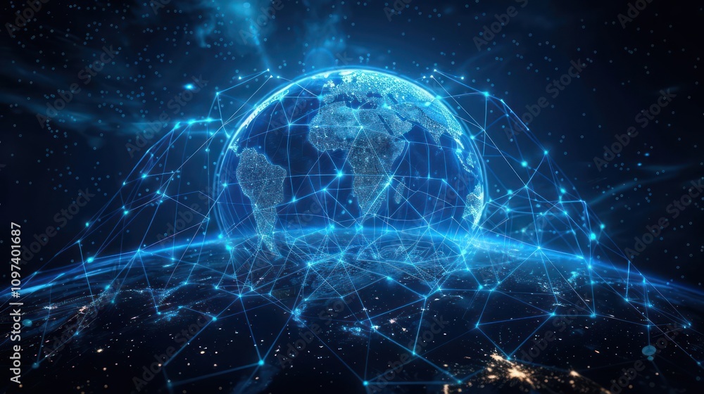 Poster a digital representation of earth connected by networks, symbolizing global connectivity.