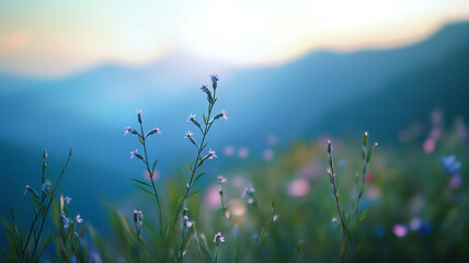 Obraz premium Colors of a tranquil meadow at sunrise in the mountains with blooming wildflowers
