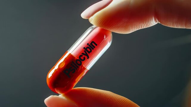 Close-up of a Hand Holding a Psilocybin Capsule on Dark Background