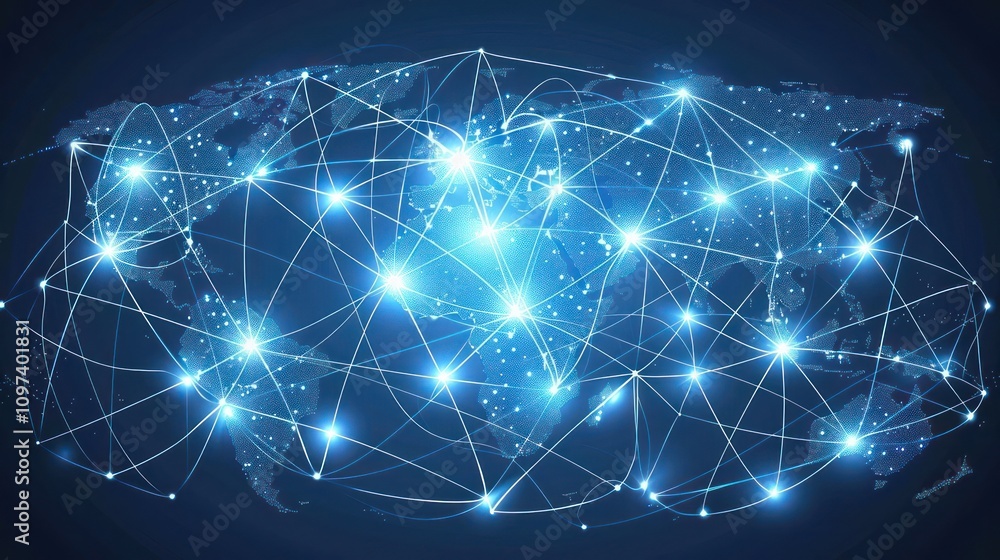 Poster a digital representation of global connectivity and networks across a world map.