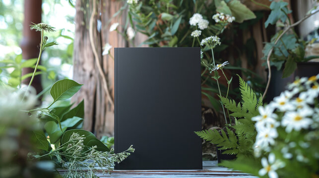 Mockup background for black book in room of soft lighting, flowers, greenery. Contemporary sophisticated look to showcase writer author product. Great for launch, marketing, promotion, or event. 