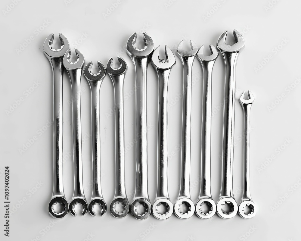 Poster a collection of shiny metal wrenches arranged in order, showcasing various sizes and designs commonl