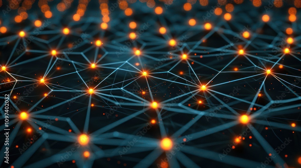 Poster a digital network representation with glowing nodes and interconnected lines.