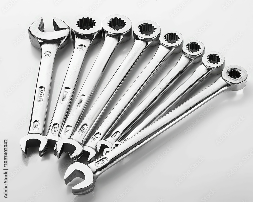 Poster a neatly arranged set of silver wrenches, showcasing various sizes and designs, suitable for mechani