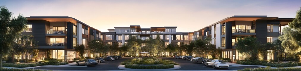 Modern apartment complex with landscaped surroundings at dusk.