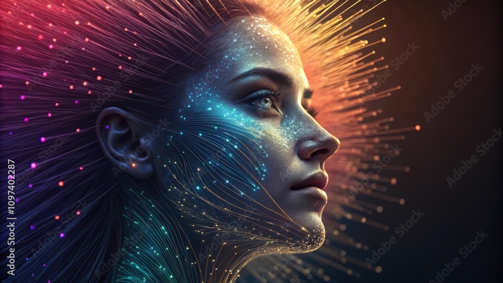 Poster a face adorned with intricate layers of fiber optic strands each reflecting a different hue produces