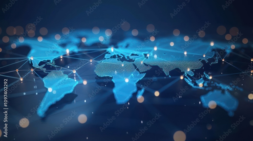 Poster a digital representation of a world map connected by network lines and nodes.