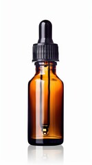 A sleek amber dropper bottle with a black cap, commonly used for essential oils, serums, or tinctures, featuring a pipette for precise dispensing.