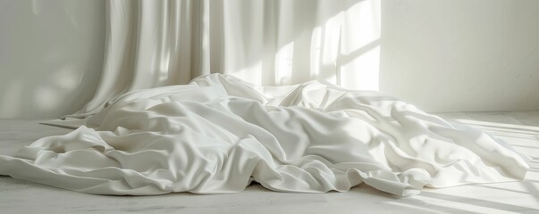 Obraz premium A soft, white fabric drapes elegantly on a light floor, casting gentle shadows from nearby sunlight.