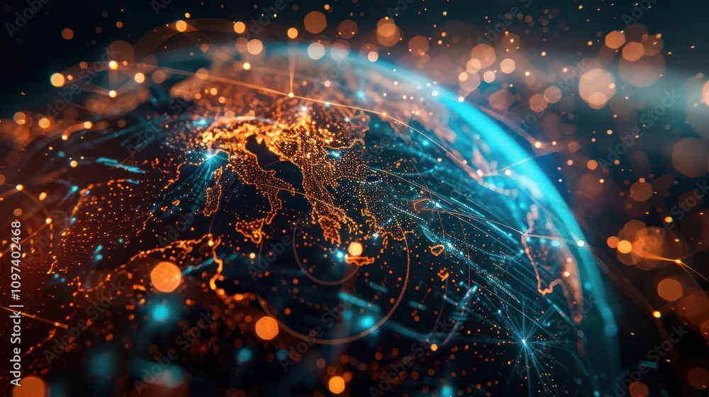 Poster a digital representation of earth showcasing interconnected networks and glowing data points.