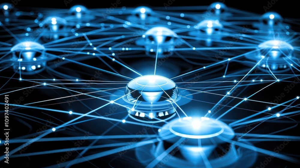 Poster abstract representation of a network with glowing nodes and interconnected lines.