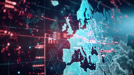 A digital map of Europe with data overlays and a futuristic design.