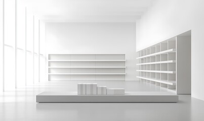 Fototapeta premium Supermarket Shelves With Blank Banners And POS Display Design. 3D rendering design. 
