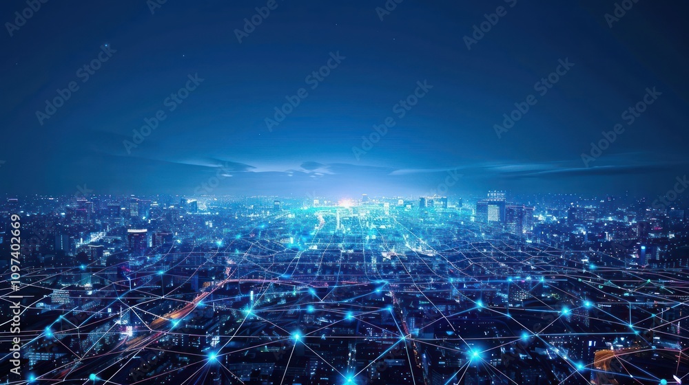 Poster a futuristic cityscape illuminated by a network of digital connections.