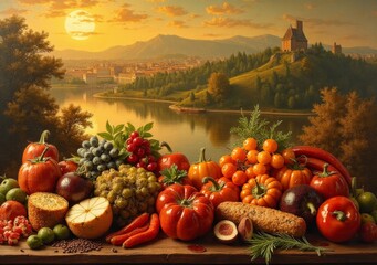 Colorful autumn harvest display with scenic landscape and castle in the background