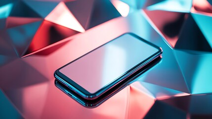 Smartphone Displayed on Geometric Pink and Blue Surface