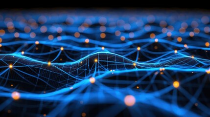 Abstract digital landscape with glowing nodes and interconnected lines.