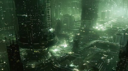 A futuristic cityscape illuminated by green lights, showcasing advanced technology and architecture.