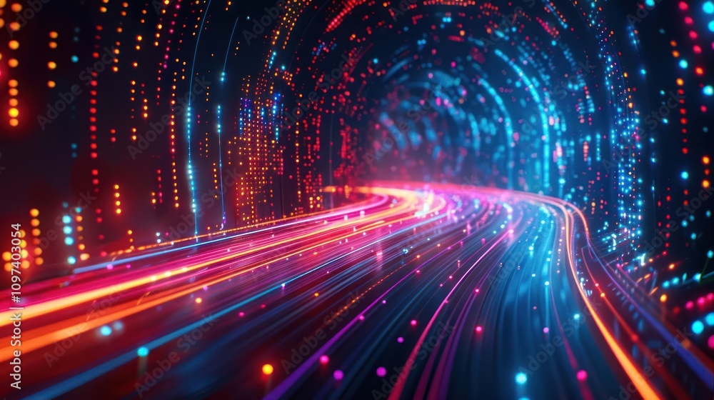 Poster a vibrant, abstract tunnel of light and color representing speed and technology.