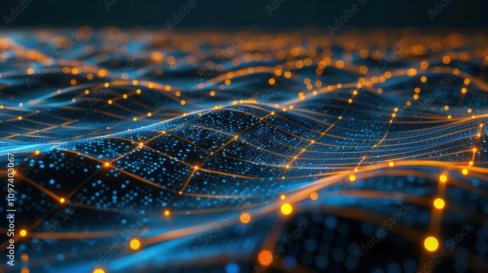 Poster a digital landscape of interconnected nodes and waves, representing data flow and technology.