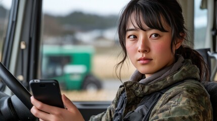Fototapeta premium Young woman in military style jacket holding a smartphone in a rural outdoor setting symbolizing the intersection of communication technology and agricultural logistics
