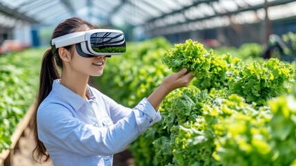 Woman in a greenhouse wearing VR goggles tending to vibrant green lettuce highlighting the application of immersive technology in sustainable agriculture and precision crop management