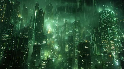 Fototapeta premium A futuristic cityscape illuminated in green hues, drenched in rain, conveying a cyberpunk atmosphere.