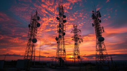 Silhouetted communication towers against a vibrant sunset sky.