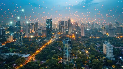 Obraz premium A vibrant city skyline at dusk with glowing lanterns and greenery below.