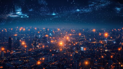 A digital representation of a cityscape illuminated by network connections and data flow.