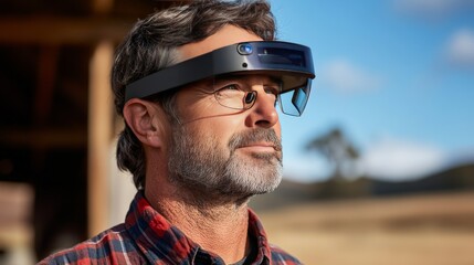 Middle aged man in plaid shirt wearing sleek AR glasses standing in a barn symbolizing the merging of traditional farming practices with cutting edge augmented reality tools
