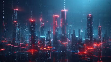 Obraz premium A futuristic cityscape illuminated by neon lights, showcasing advanced technology and architecture.