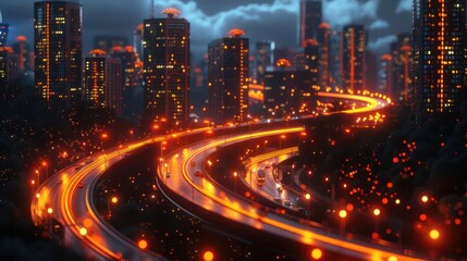 A futuristic cityscape featuring illuminated highways and skyscrapers at dusk.