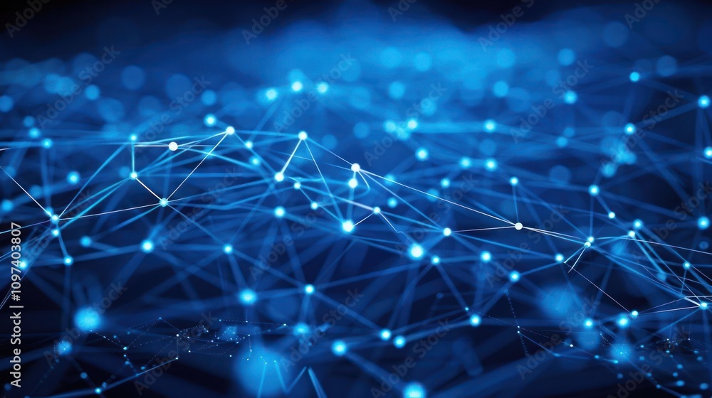 Poster abstract digital network with interconnected nodes and lines in blue tones.