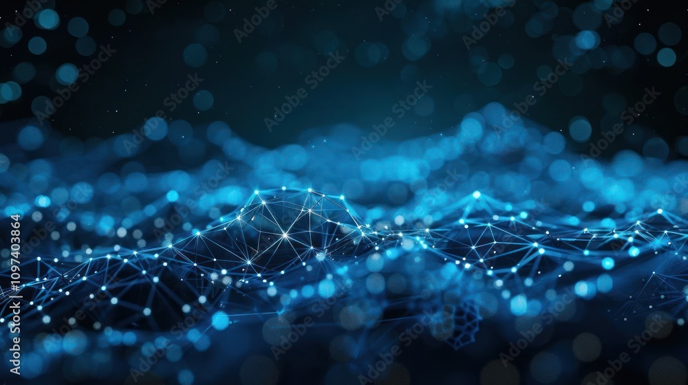 Poster abstract digital landscape with interconnected nodes and glowing particles.