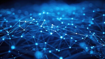 Abstract digital network with interconnected nodes and lines in blue tones.