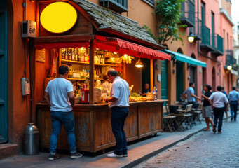 Naklejka premium Vibrant street market stall with people gathering in a lively urban setting