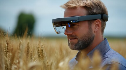 Agricultural scientist wearing AR glasses in a golden wheat field analyzing crop data and implementing precision agriculture techniques using augmented tools