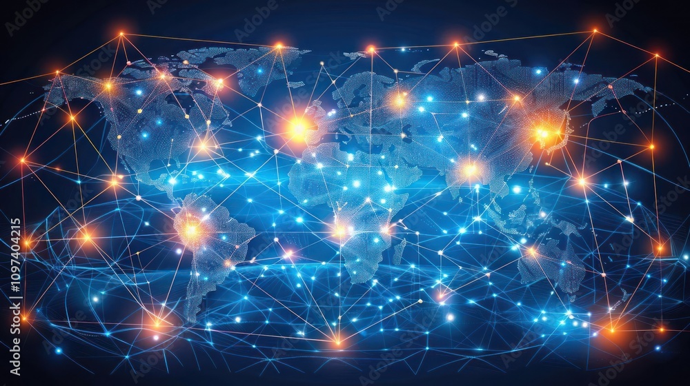 Poster a digital representation of a global network showcasing connections and data flow.
