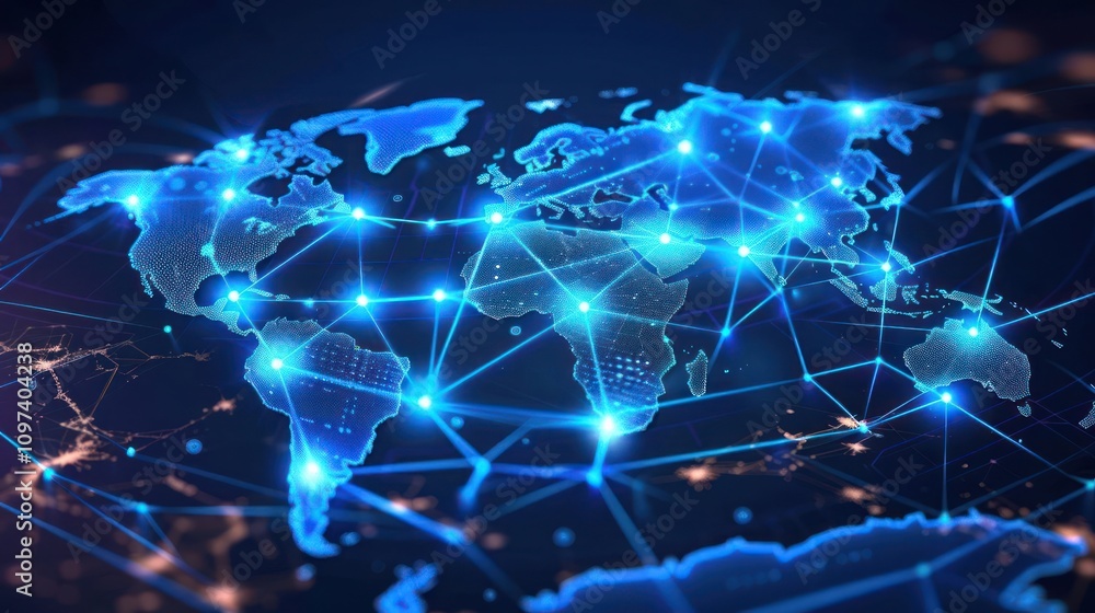 Poster a digital map of the world with interconnected nodes representing global networking.