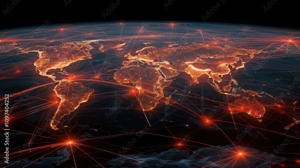 Poster a digital representation of earth highlighting global connectivity and data flow.