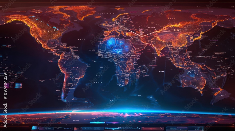 Poster a futuristic world map displaying data visualizations with glowing regions.