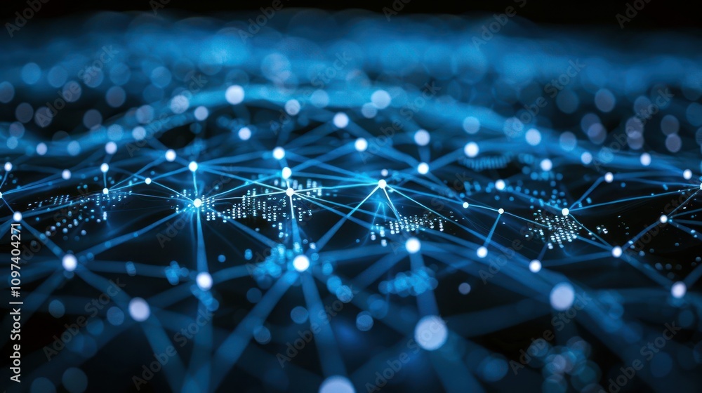 Poster abstract representation of a digital network with interconnected nodes and lines.